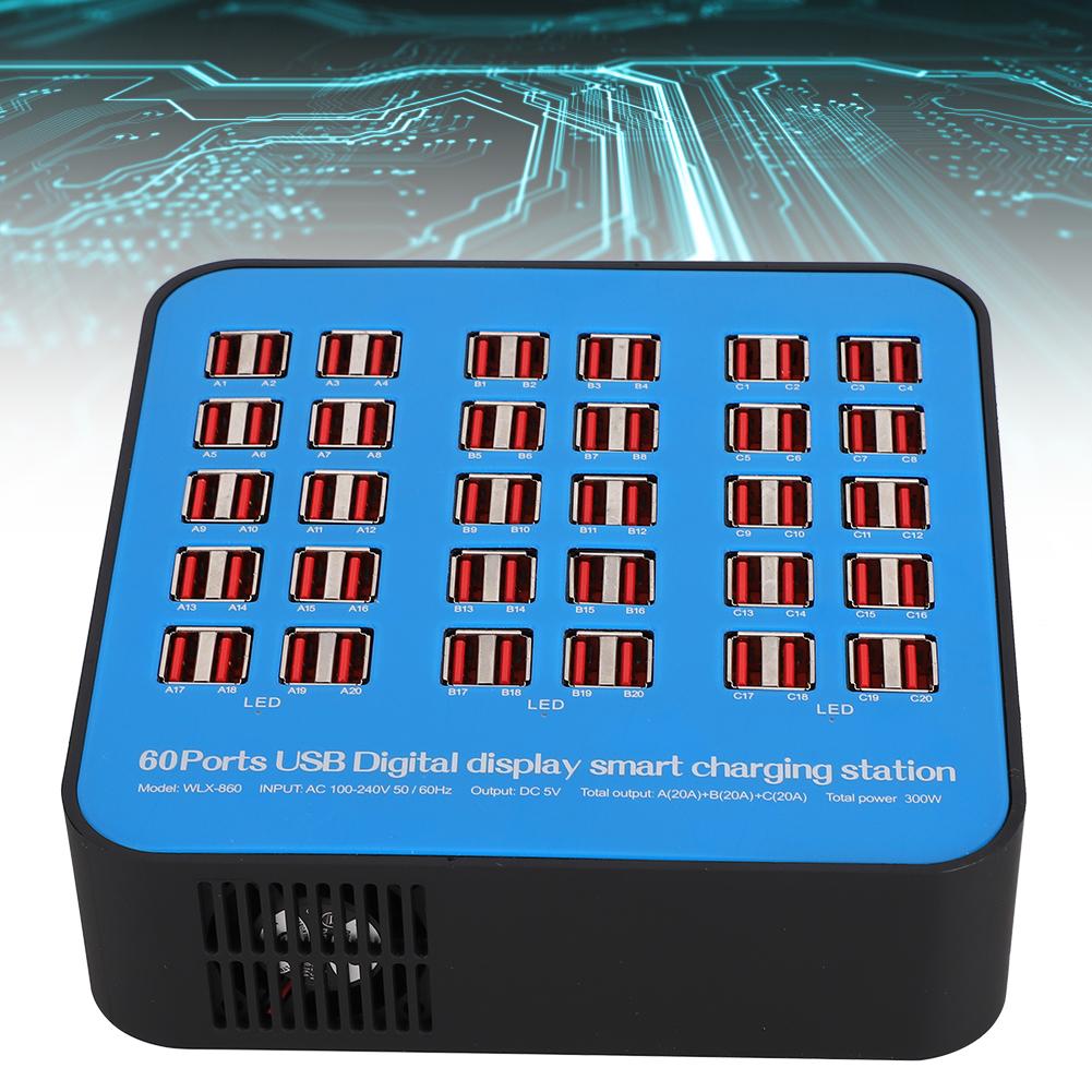 Intelligent USB Charging Station 60 Ports PC ABS Fire Retardant Shell 300W