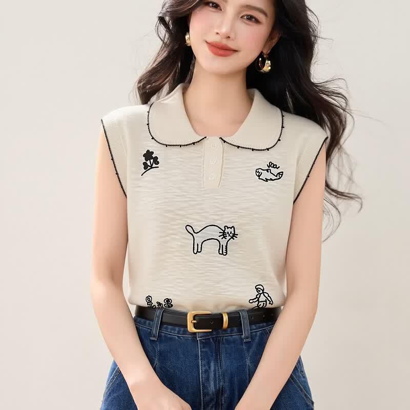 Zuose Sweet Cat Embroidery Peter Pan Collar Sleeveless Top S