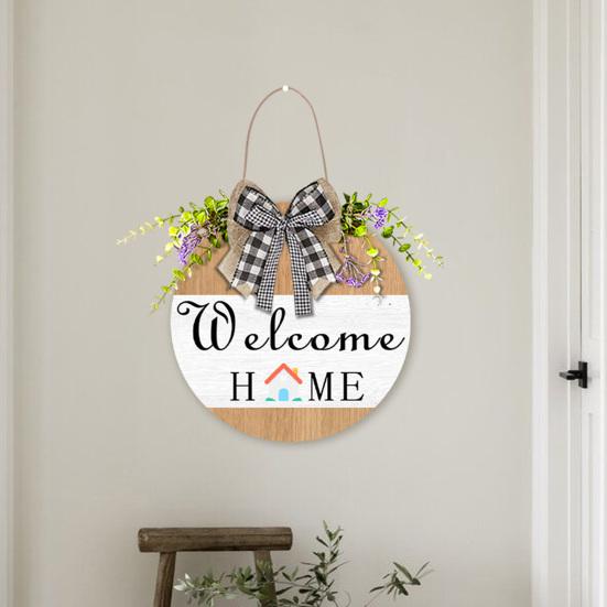 Welcome Wreath, Wood with Hemp Rope Hanger, Fabric Bow Decor Rustic Round Sign, for Doors Walls Entryway