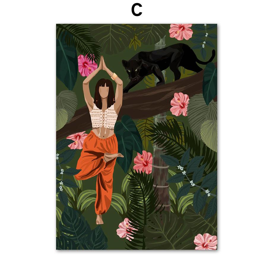 Abstrakcyjna moda dziewczyna czytająca joga odpoczynek liść palmowy plakat skandynawski ścienny drukowany obraz na płótnie malarstwo dekoracyjne zdjęcia do salonu