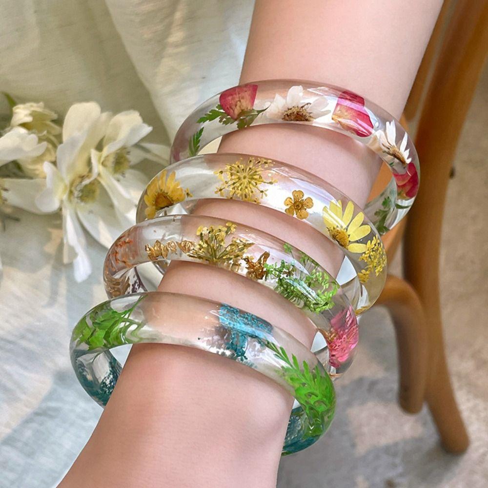 Resin Acrylic Bangle Wide Big Cuff Bangle Temperament Natural Dried Flower Bracelet  Decoration