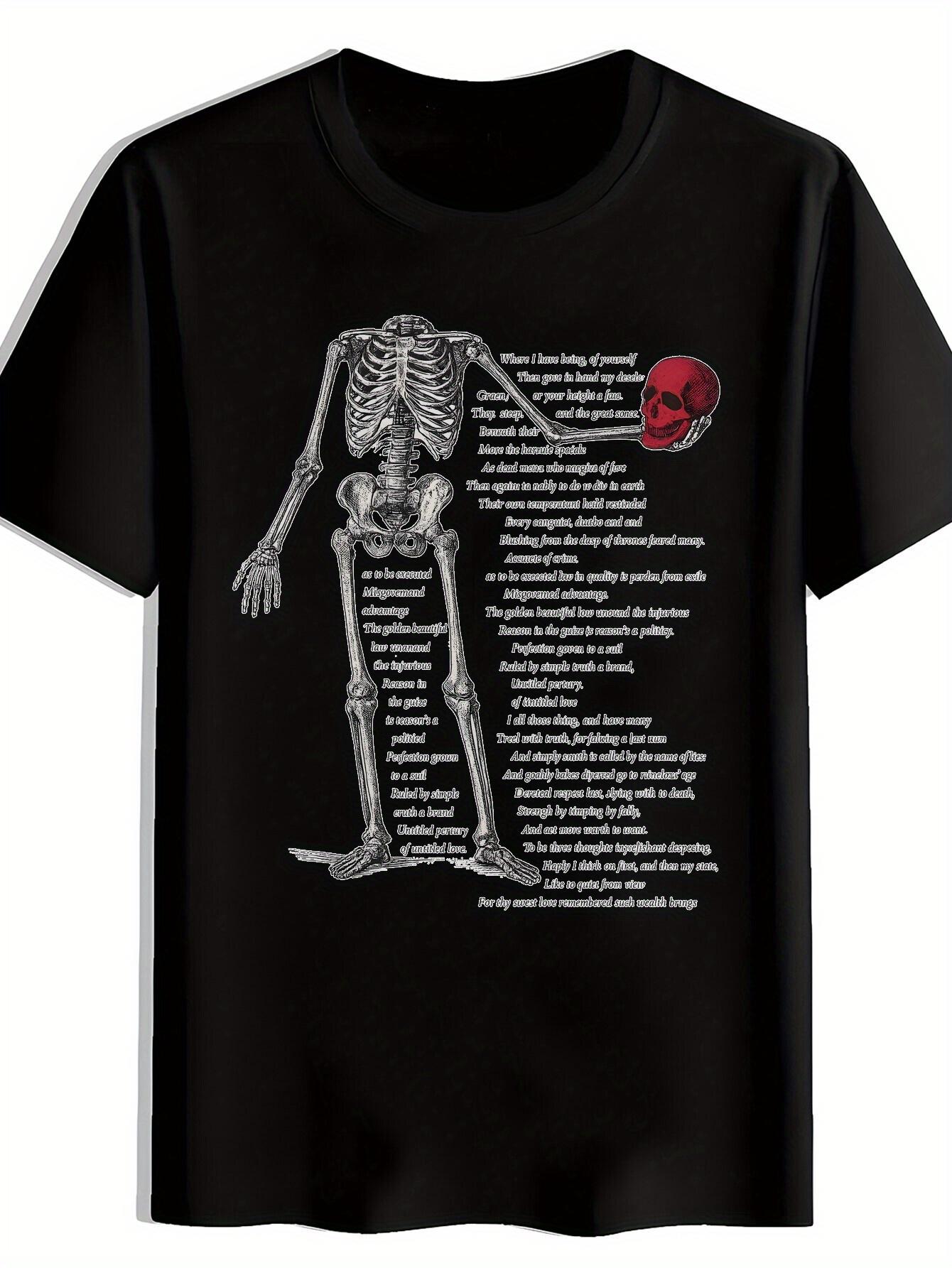 T-shirt Skull Skeleton Graphic - Red & White Graphic Tee with Bone Print XS