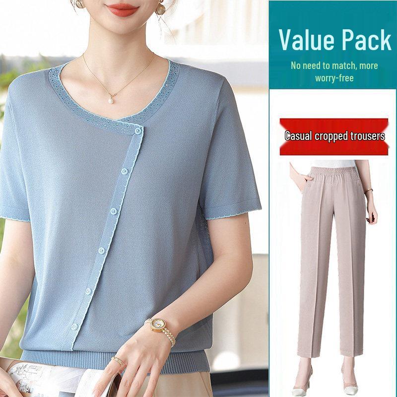 2026 Ice Silk Summer T-Shirt Set for Middle-Aged & Elderly Women: Short-Sleeve, Stylish, Lightweight Knitted Top