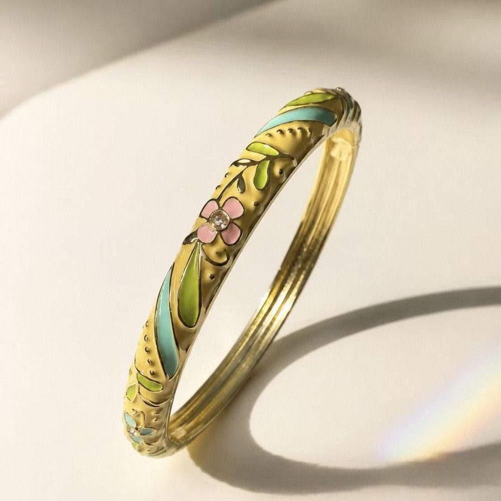 Colorful Gold Plated Floral Bangle Retro Rhinestone Inlay Oil Dipping Cuff Elegant