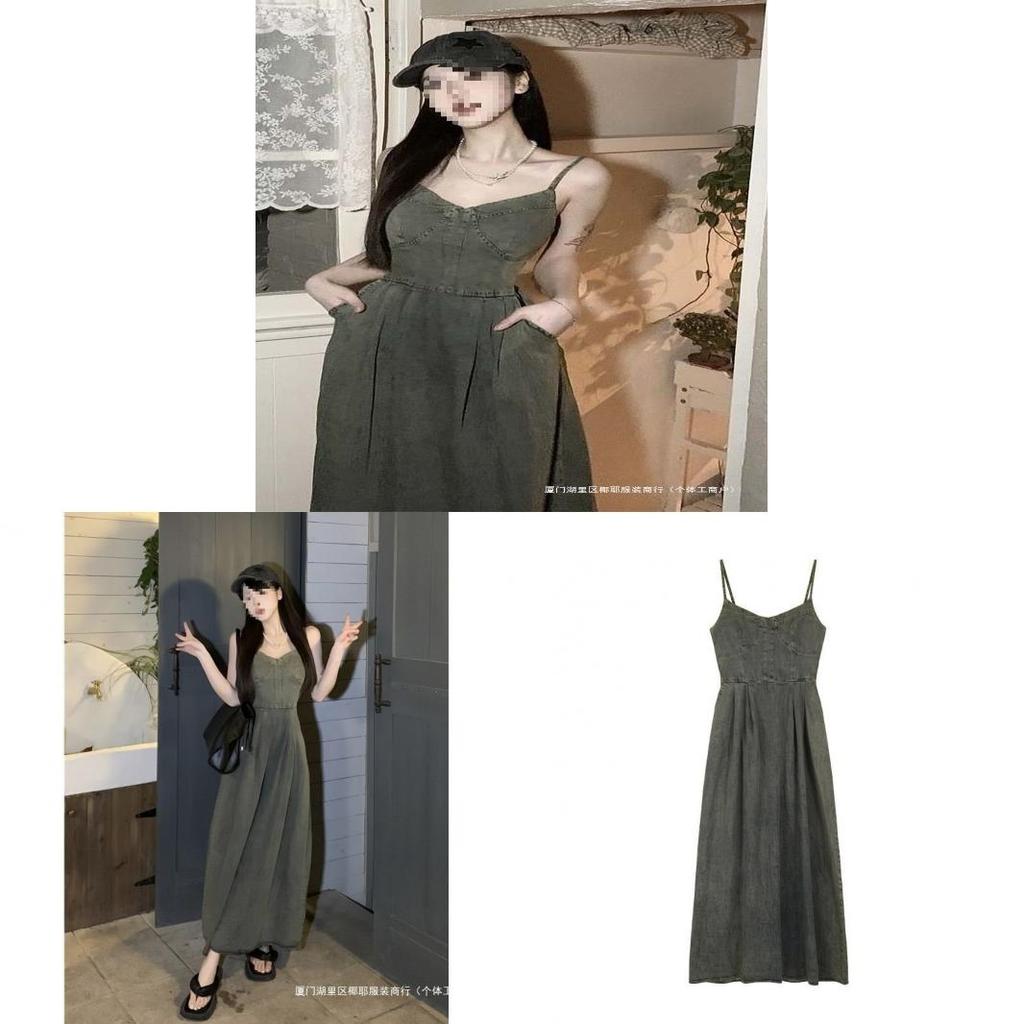 Vintage Denim Suspender Dress With Knit Fabric For Summer Casual Wear
