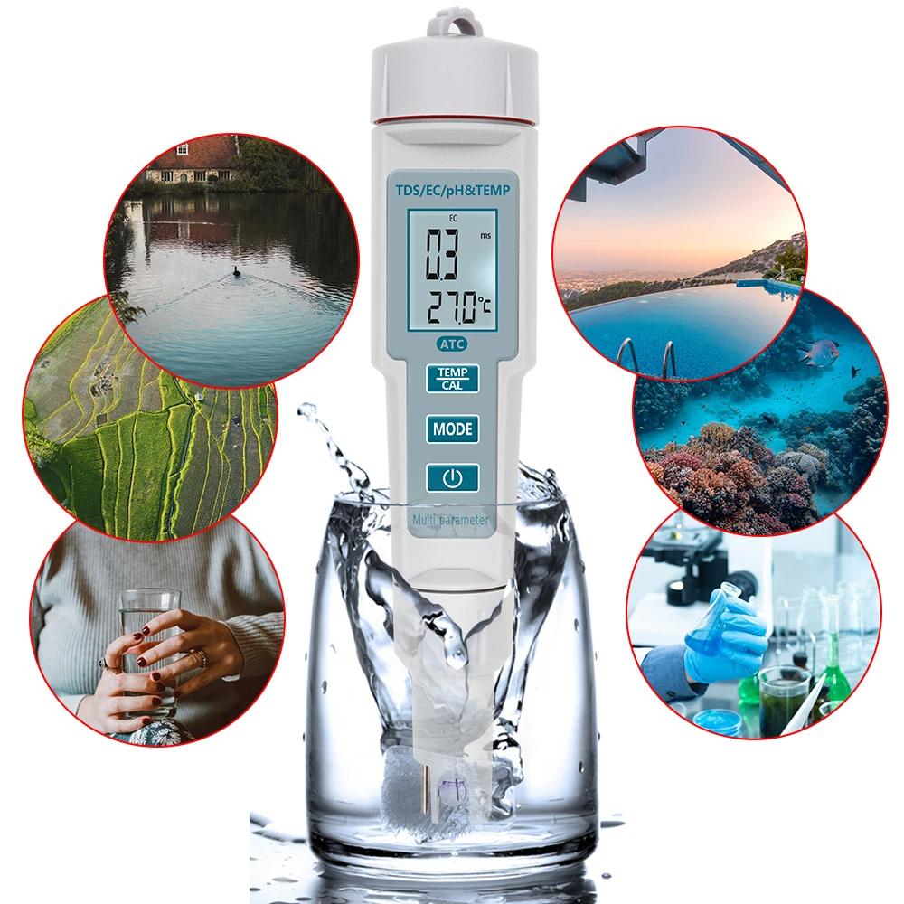 Multifunctional 4 In 1 Water Quality Tester Waterproof PH Meter PH EC TDS Temperature Detector for Pools Drinking Water Aquarium