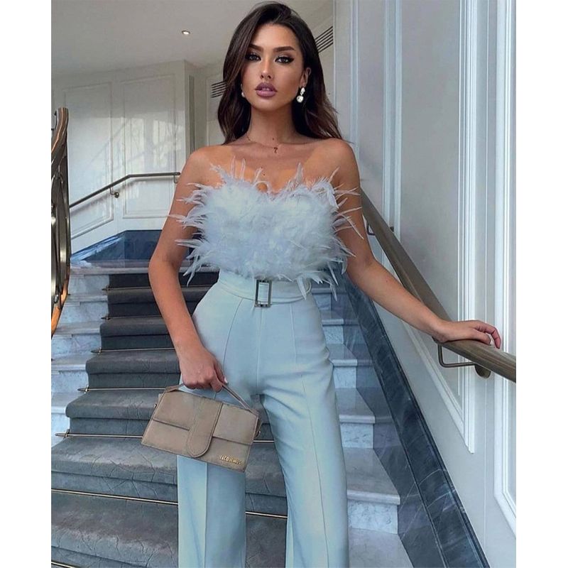 Women Off Shoulder Sexy Dress 2022 European and American Feather Tube Top Sexy Fashion Jumpsuit