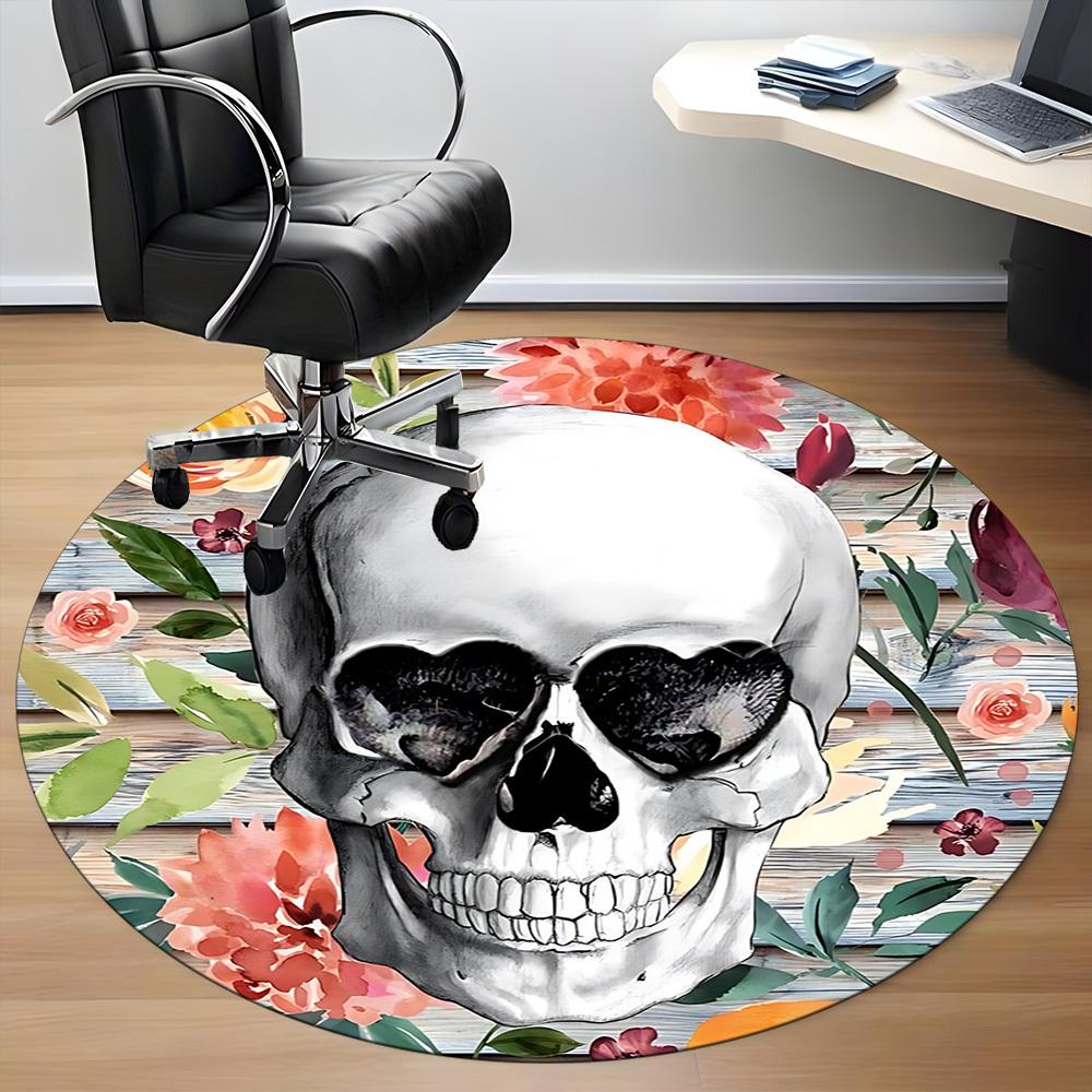 1pc Skull Floral Decor Chair Carpet for Office, Round Polyester Mat, Indoor Decor for Office, Easycare Fabric, Washable Non-slip Area Carpet