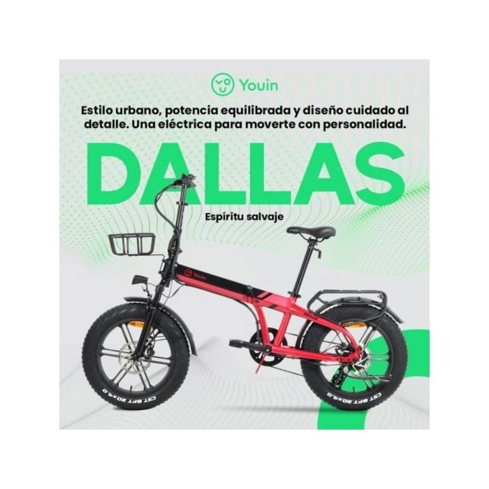 Bicicleta Eléctrica YOUIN Dallas BK1650 FAT Plegable 250W 52Nm 20" Suspensión Frenos Hidráulicos