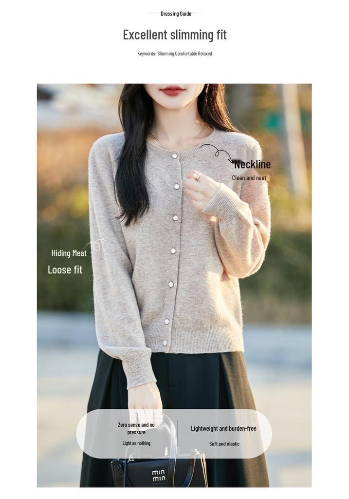 Early Spring Women's Wool Cardigan - Round Neck, Diamond Button, Loose Casual Knit Sweater