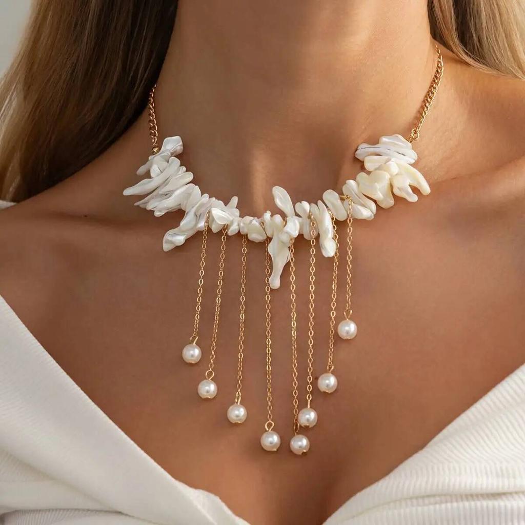 Salircon Temperament Unregelmäßige Muschel Imitation Perle Quaste Anhänger Halskette Damen Boho Luxus Schlüsselbein Kette Schmuck 2026 Neu
