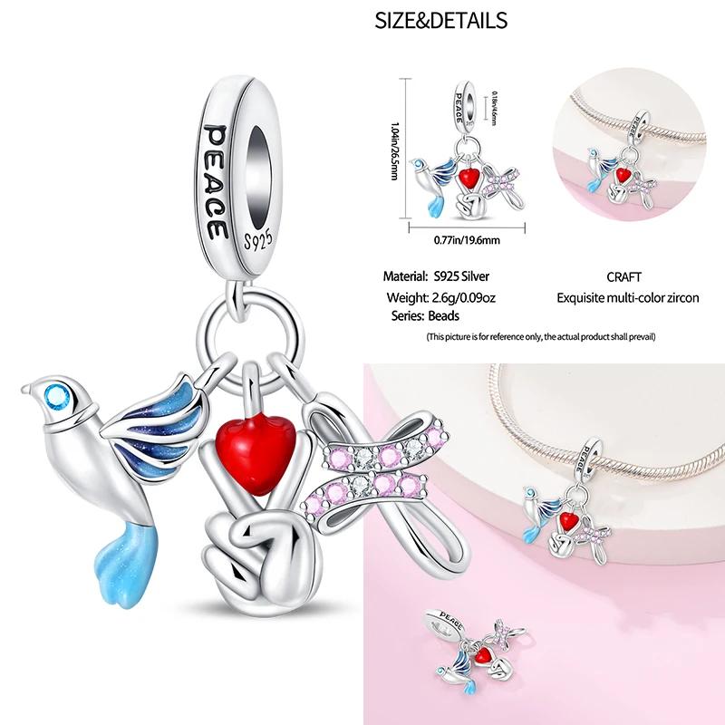 

925 Sterling Silver Peace Dove Hope Angel Heart Shaped Guardian Pendant Charms Beads Fit 4mm Aperture Bracelet DIY Jewelry