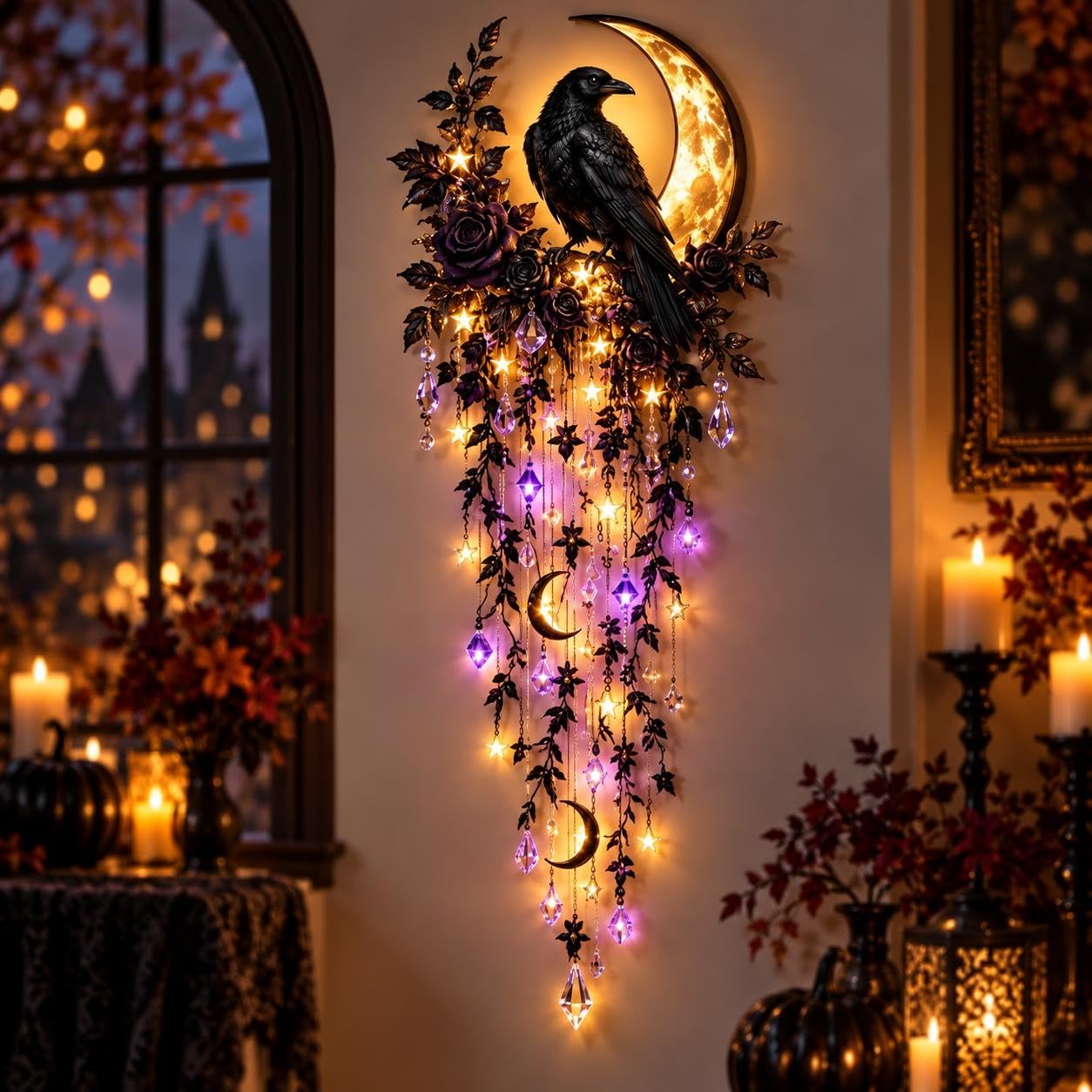 Elegante Halloween Waterval Wandlamp Collectie, Pompoen Slingerverlichting met Oranje Gordijn, LED Waterval Decoratie met Vleermuis