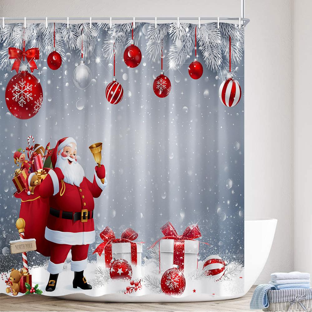 GAERed Santa Claus Christmas Shower Curtain White Snowflake Xmas Tree Gift New Year Home Bathroom Decor Bath Curtains With Hoo