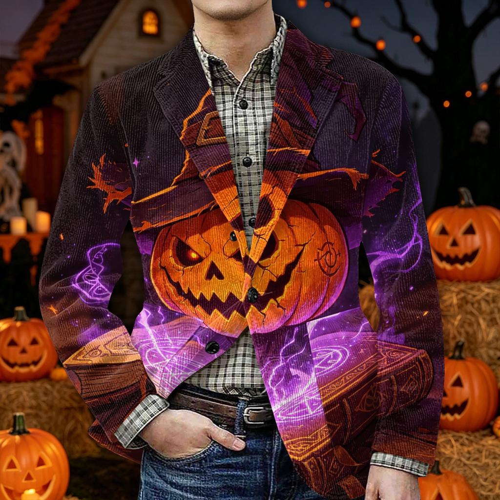 Men's Corduroy Blazer Jacket with Halloween Print Warm Button Front Casual Suit Coat with Pockets for Everyday Wear