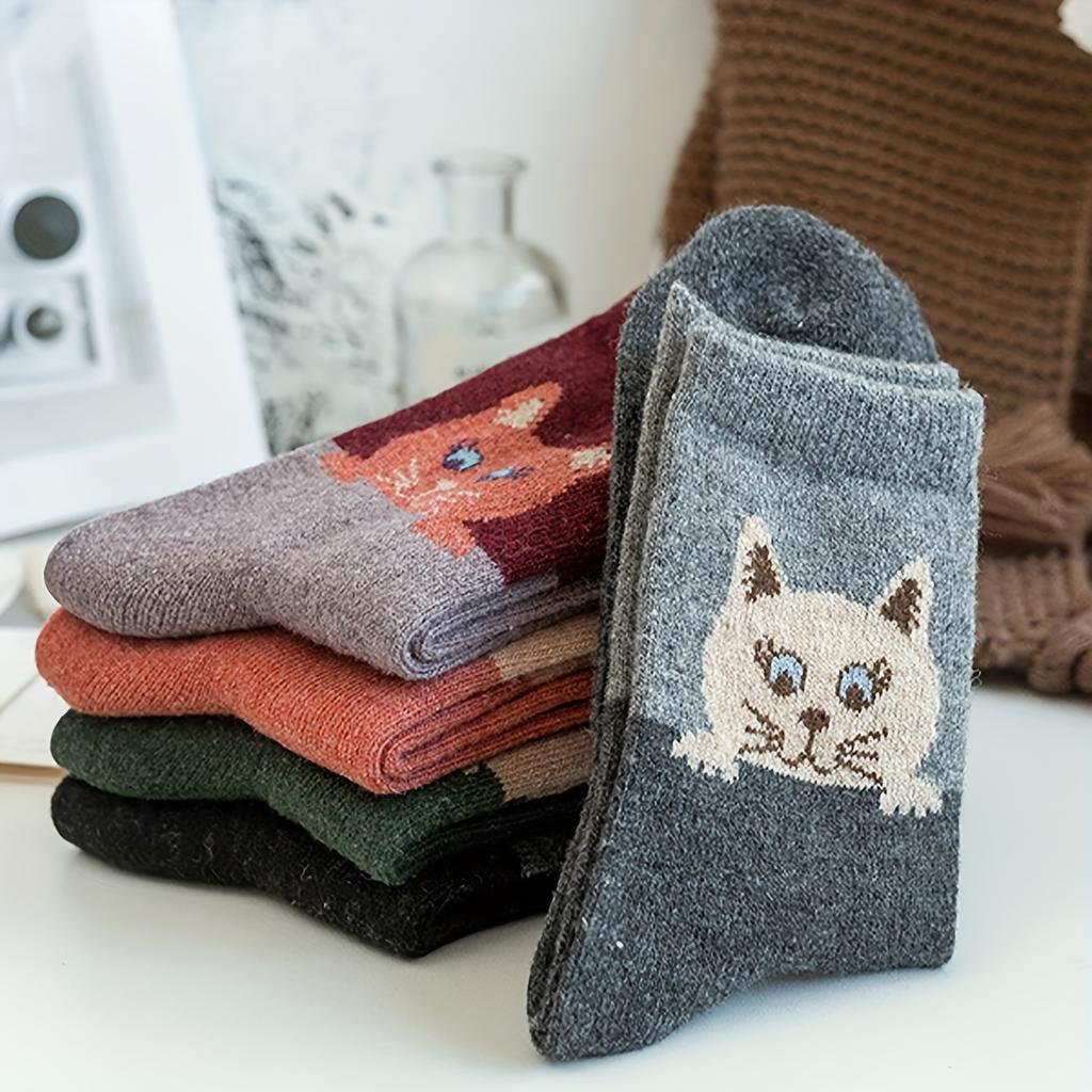 5 Pairs Women'S Mid-Calf Cat Face Socks Thick & Warm, Assorted Colors (Black, Gray, Brown, Orange, Green) - Perfect for Fall & Winter, Cute Socks