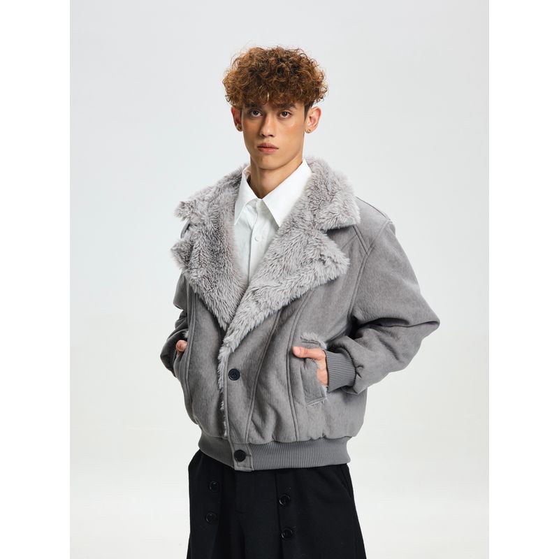 Cabbage Coke American Retro Faux Rabbit Fur Collar Cotton Jacket for Men and Women, Winter Casual Blended Warm Coat