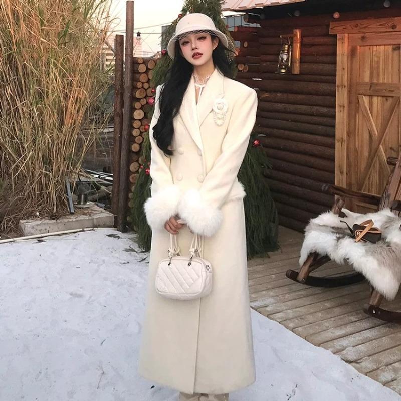 

Зимнее новое утолщенное белое шерстяное пальто с манжетами S белый