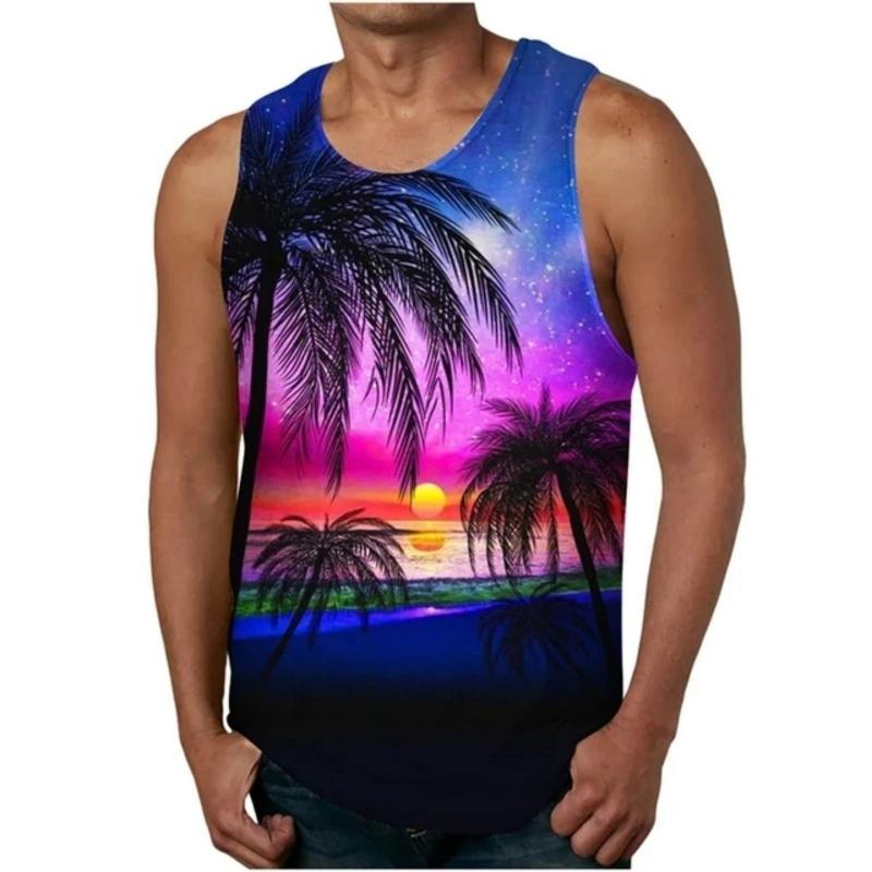 3D Printed Color Gradient Sunset Men's Vest with Plant Pattern T-shirt, Summer Loose Vacation Street Sports Top, Round Neck Vest
