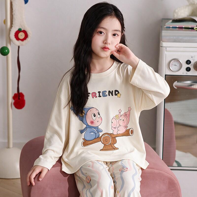 100% Cotton Girls Long Sleeve Pajamas Set Cartoon Print Round Neck Sleepwear Kids 8 Years