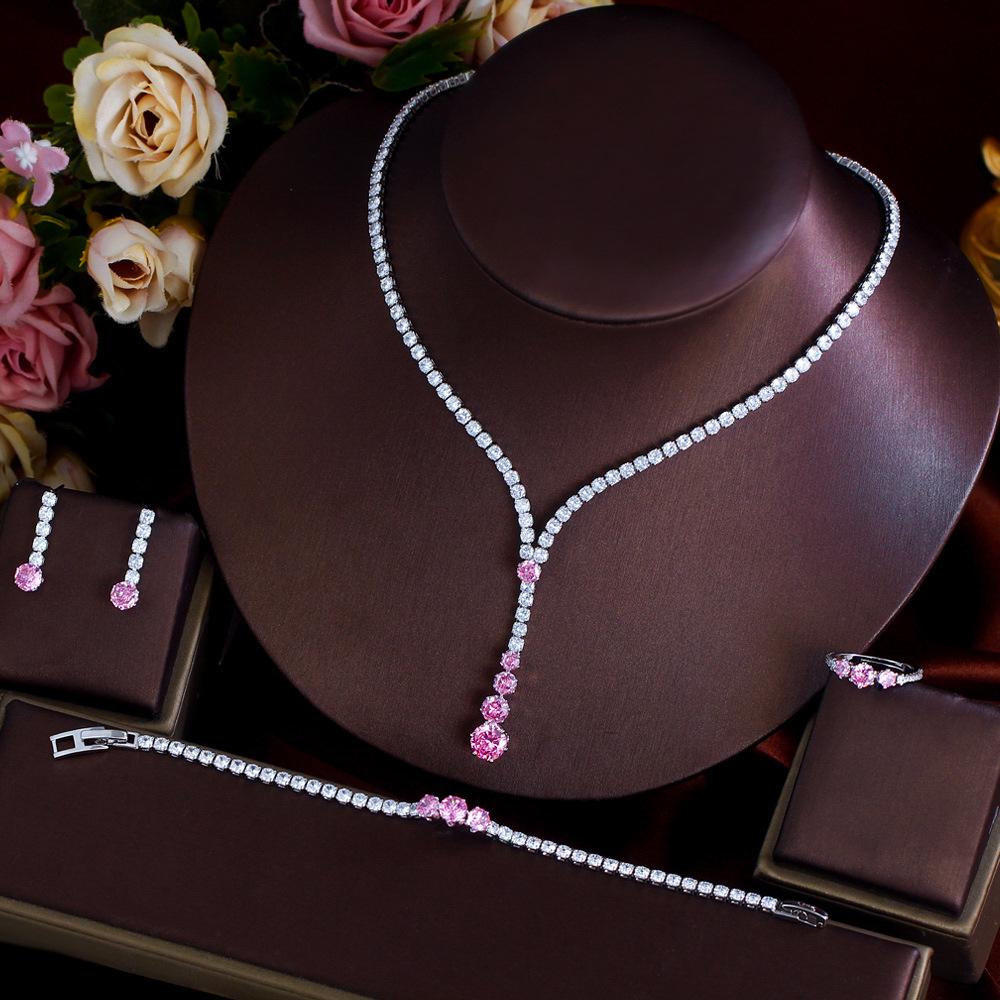 French Light Luxury High Sense Princess Pink Zircon Necklace Earrings Bracelet Ring Four-Piece Set Dinner Dress Set Chain