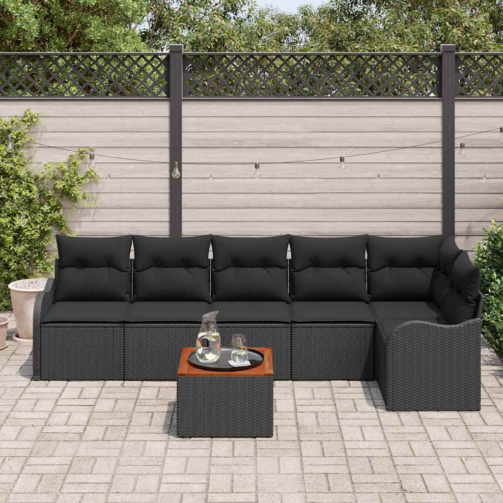 7 Piece Garden Sofa Set with Cushions Black Poly Rattan