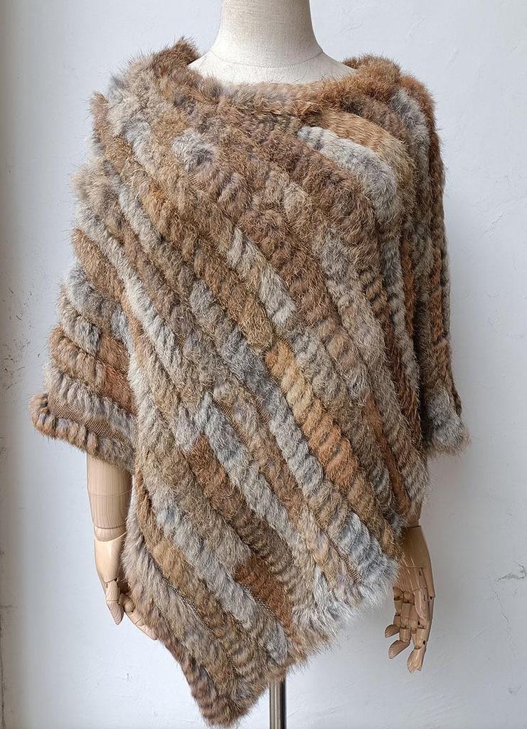 2022 Autumn/Winter Handmade Real Rabbit Fur Knit Triangle Shawl & Women's Pullover Cloak