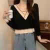 Fake Two-piece Contrasting V-neck Knitted Bottoming Shirt Women's Autumn Coat with Slim-fitting Sweater Inside, Small Short Top