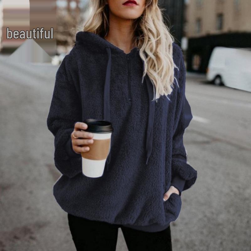 Women's Plush Hooded Fleece Pullover Sweatshirt - Long-Sleeved, Loose Fit, Autumn/Winter.