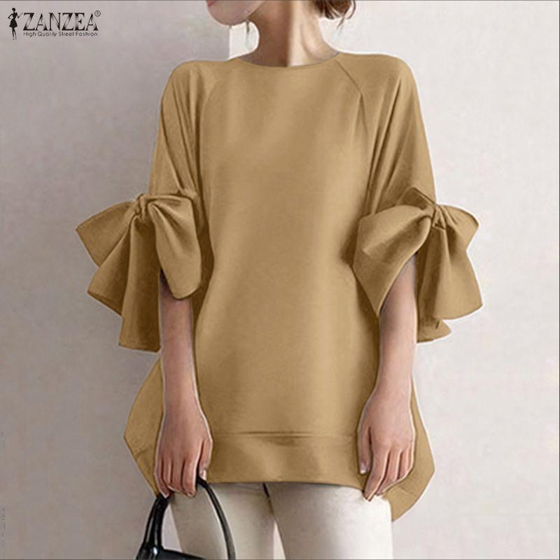 ZANZEA Women Casual Round Neck Bows Splice 3/4 Sleeve Loose Blouse