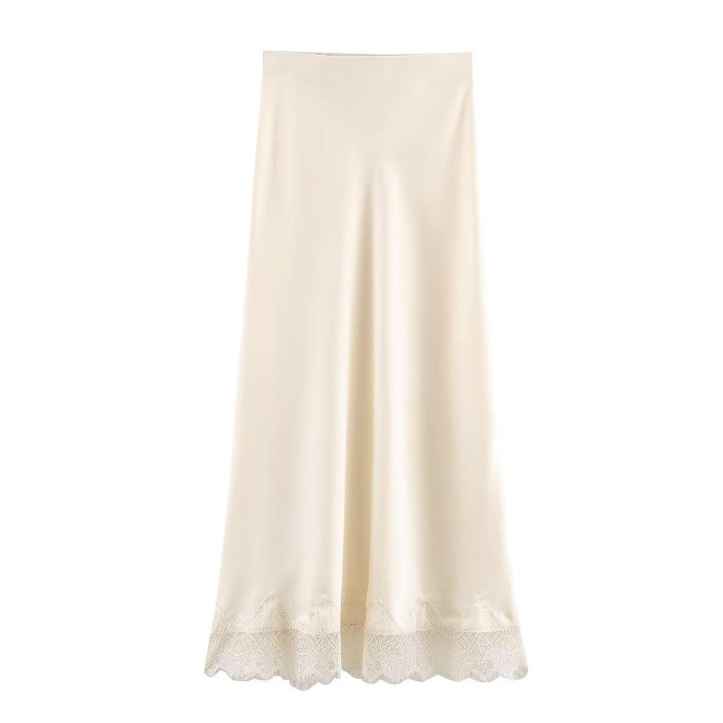 European Style 2025 Elegant Women's Silk Satin Midi Skirt