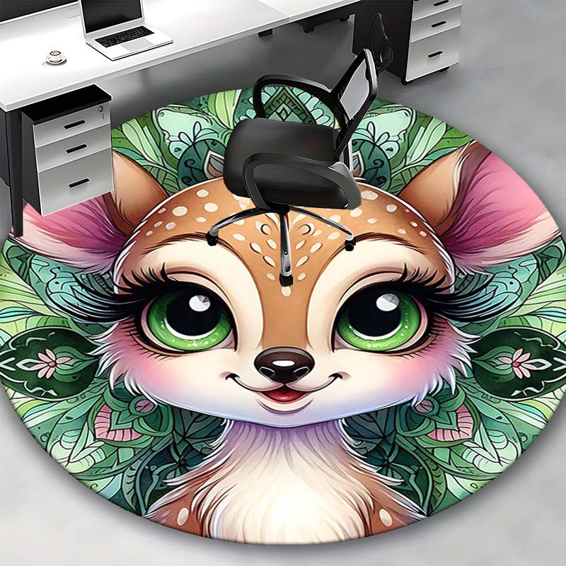 1pc Anime Inspired Forest Creature with Floral Mandala Round Carpet Office Chair Mat, Non Slip Rug for Home Decor, All Seasons