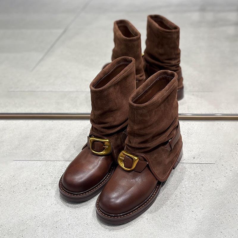 Sheepskin version~ Zhao Ruth has the same handmade round head belt buckle Martin boots for women's retro comfortable thick heel trousers and short