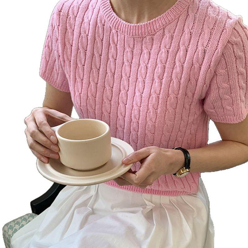 Korean Chic Minimalist Round Neck Cable Knit Slim Fit Top - Summer 2025 Women's Fashion