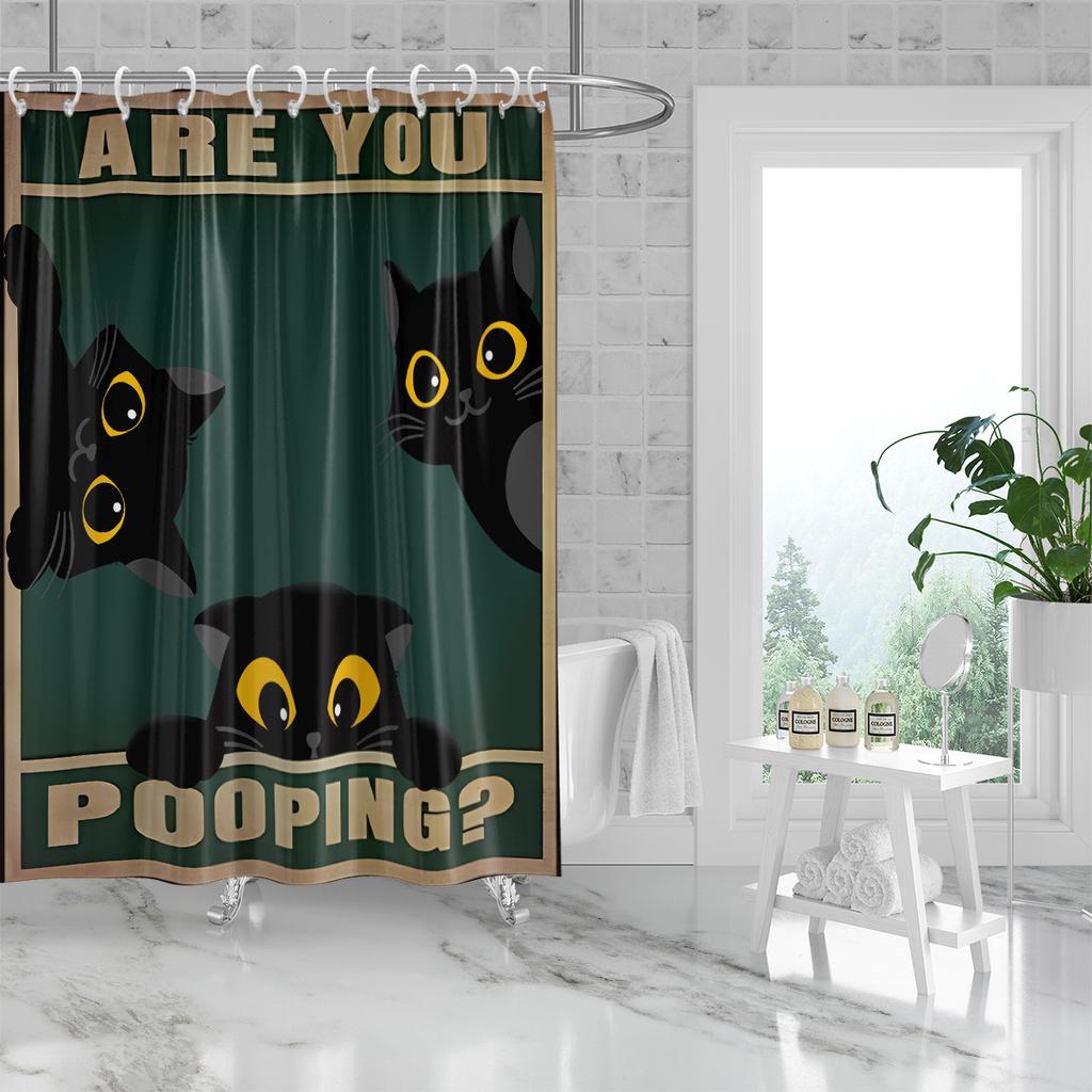 1PC Cute Black Cat Pattern Printed Shower Curtain, Waterproof, Washable, with 12 Hooks, Bathroom Shower, Bathtub, Home Use