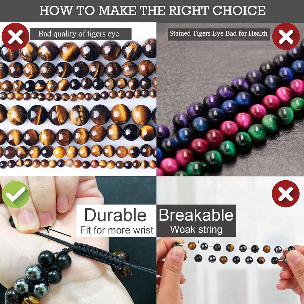 HASKARE Triple Protection Bracelet for Men - Genuine Tigers Eye Black Obsidian Hematite 8mm Natural Stone Beads Stretchy Healing Crystal Jewelry,