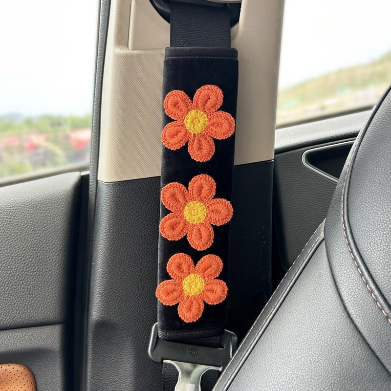 1pc Cute Embroidered Flowers Car Seatbelt Cover Seat Belt Harness Cushion Auto Shoulder Strap Protector Pad for Children Women