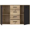 Buffet PILVI - Style contemporain - Particules mélaminé - Décor Chêne et noir - 2 portes + 4 tiroirs - L 122,6 x P 34,2 x H 81,7 cm