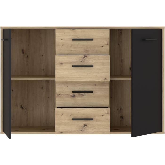 Buffet PILVI - Style contemporain - Particules mélaminé - Décor Chêne et noir - 2 portes + 4 tiroirs - L 122,6 x P 34,2 x H 81,7 cm