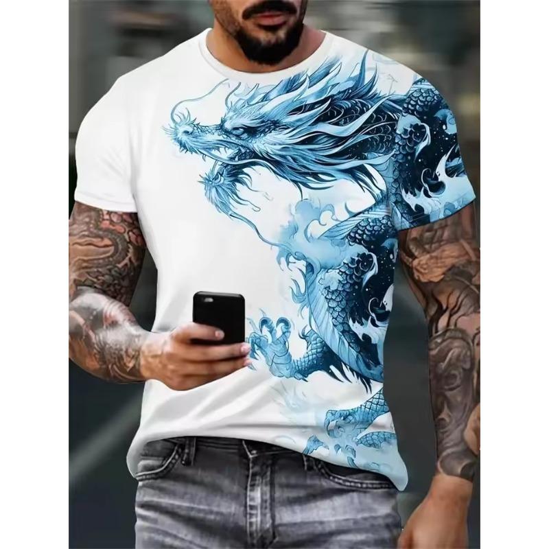 Tricou bărbătesc cu imprimeu de dragon în amestec de bumbac - Guler rotund elegant, confortabil și respirabil, pentru ținute casual de vară, de zi cu zi - Promoție