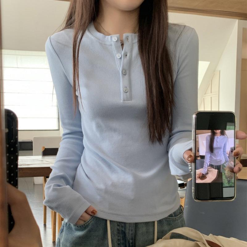 Light blue button-up front shoulder top women's early spring tight and thin Spice Girl style long-sleeved shirt with bottoming shirt