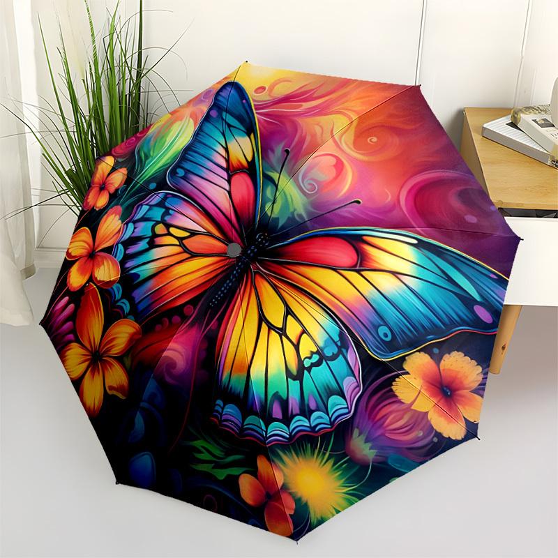 1pc Butterfly Flowers Automatic Open/Close Umbrella with Folding Feature Compact Travel Umbrella, Lightweight Design, for Commuting039