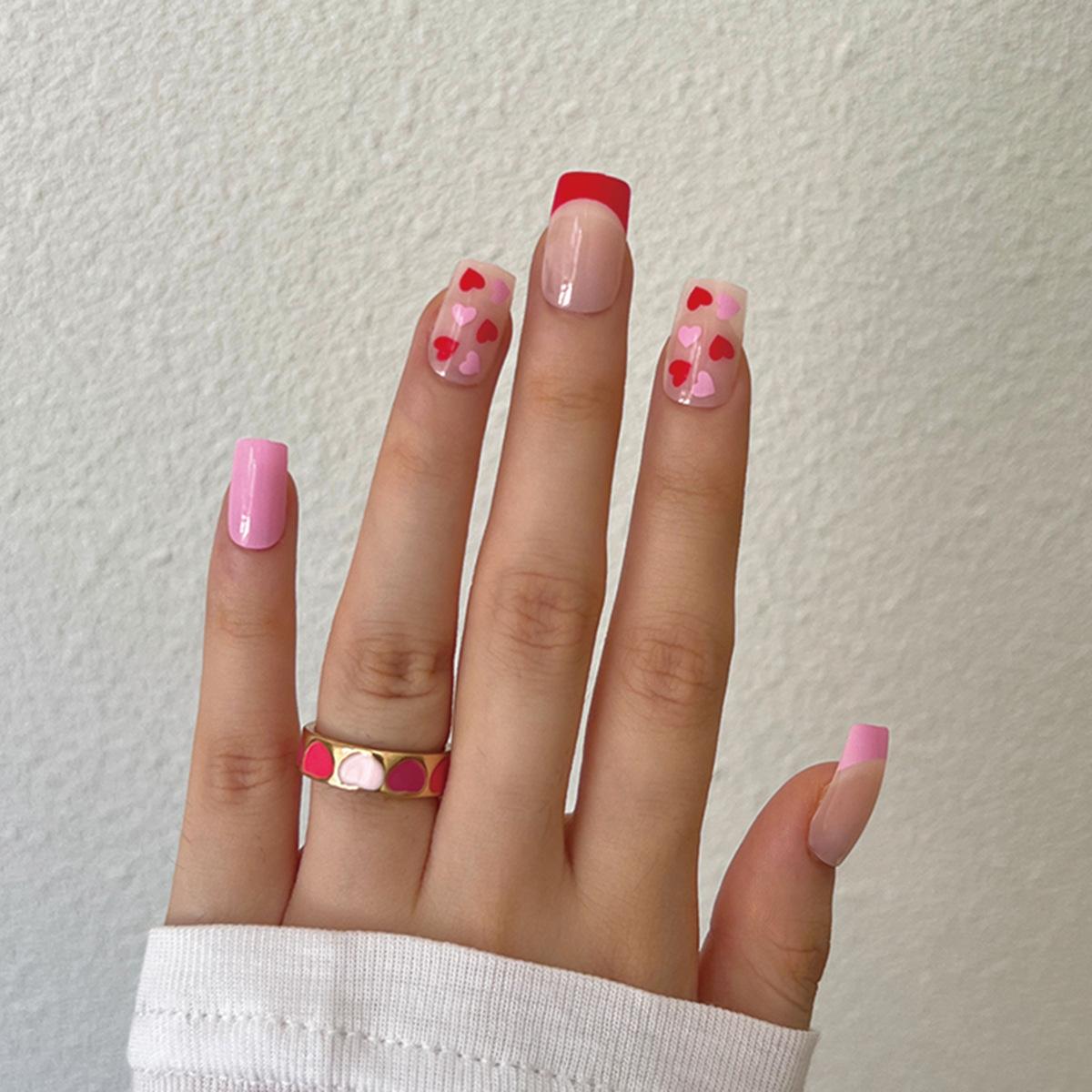 

Wearable nail sticker red pink French love wearable nail piece Finished nail patch Finished nail piece Wearable nail piece