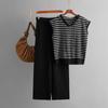 Fashion Set Women's Summer Sleeveless Hooded Striped Knitted Top High Waist Wide Leg Pants Two-piece Set