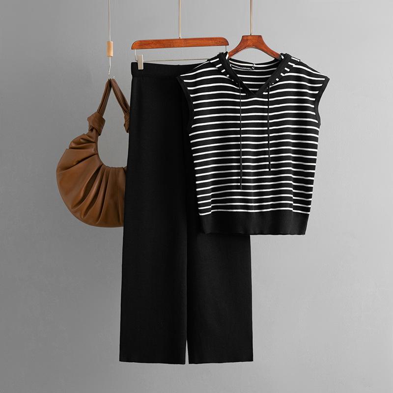 Fashion Set Women's Summer Sleeveless Hooded Striped Knitted Top High Waist Wide Leg Pants Two-piece Set