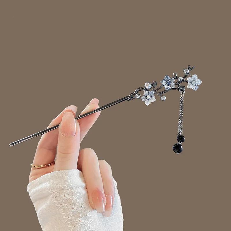 Moderner Haarstab Tinte Blume Metall Quaste Haarnadel Gabeln für Frauen Schwarze Perlen Fransen Haarspange Neu Chinesisch Hanfu Haarschmuck