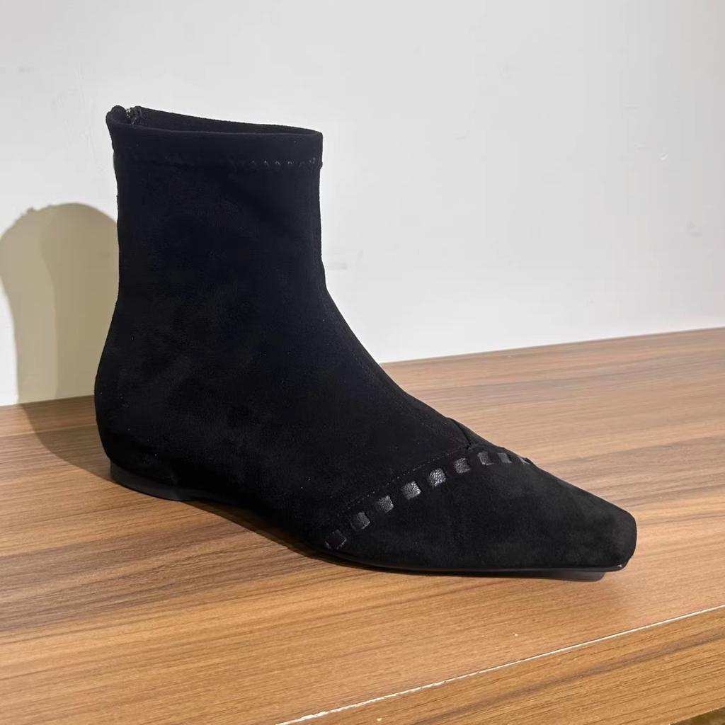 2025 new inner height increase explosion woven Korean version small square head suede bare boots niche short boots foreign versatile women's boots