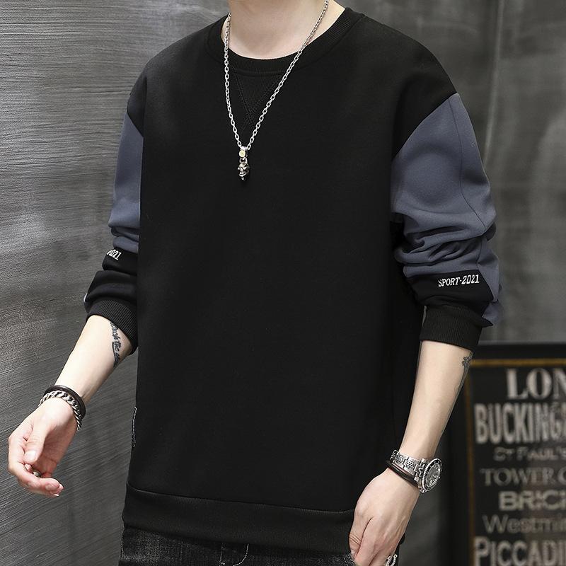 Men's Spring/Fall Long-Sleeve Loose-Fit Crew Neck Patchwork Base Layer Shirt Youthful Handsome Casual T-Shirt