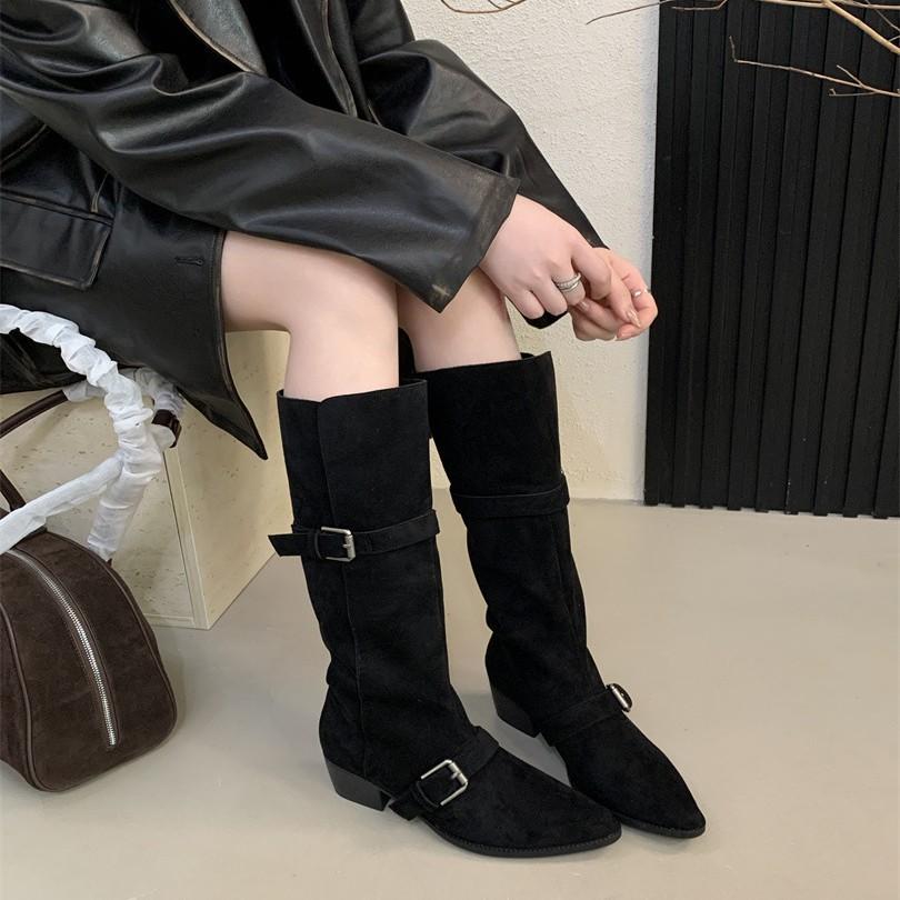 2025 Herbst und Winter neue matte quadratische Zehenpartie dicker Absatz Stiefel Damen Gürtelschnalle Samt hohe Ritterstiefel