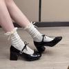 Fashion Single Shoes Small Leather Shoes Femininity Trend Internet Celebrity College Style Thick Heel Square Head Height Increase Shallow Bow